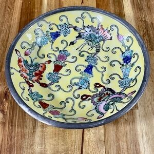 VTG Japanese Porcelain Ware Hand painted Dish Encased in Pewter Neiman Marcus